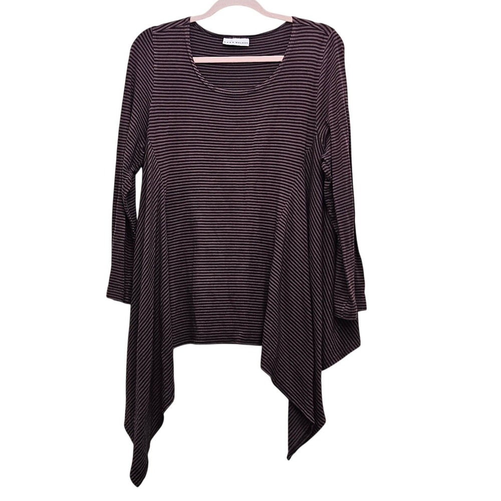 Bryn Walker Tunic Top Womens Large Brown Striped Sharkbite Hem Lagenlook Boho